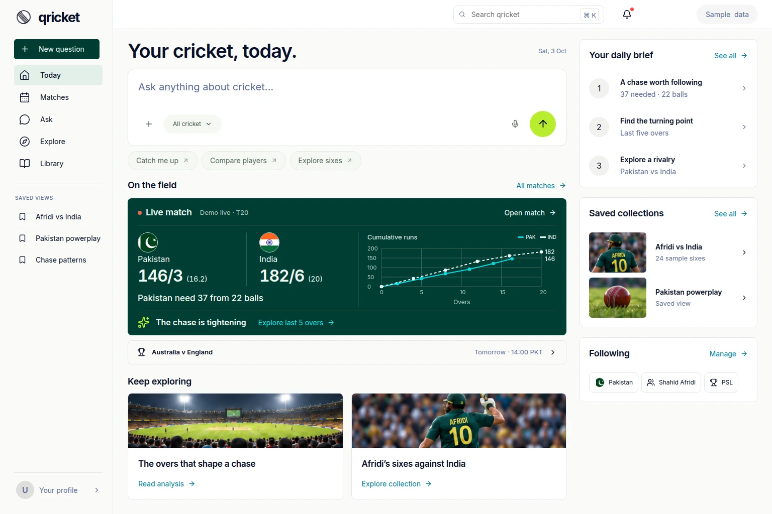 Qricket interface showing cricket questions, a match, player stories, and saved collections; sample data