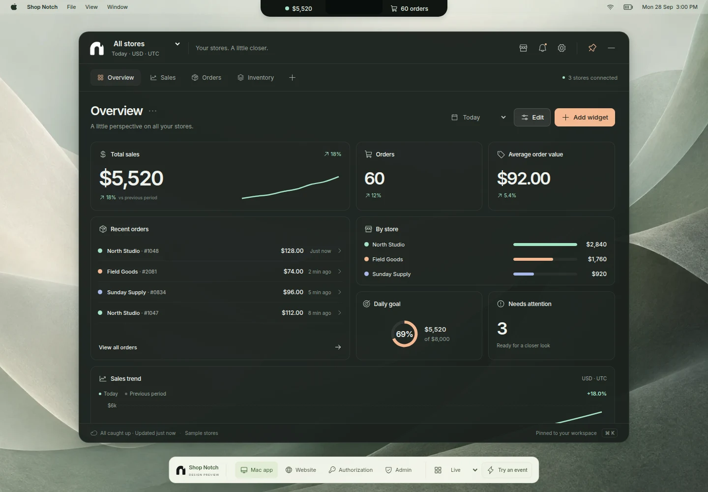 Shopnotch Mac dashboard with a notch overview, store sales, orders, and customizable widgets; sample data
