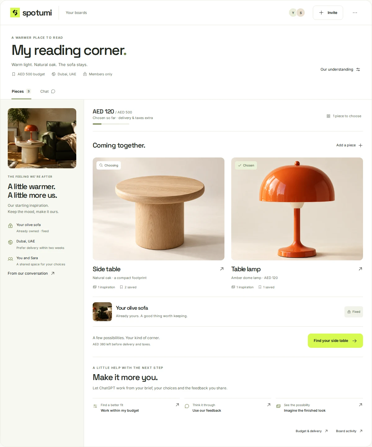 Spotumi shopping board: a reading corner with a side table, lamp, budget, and shared choices